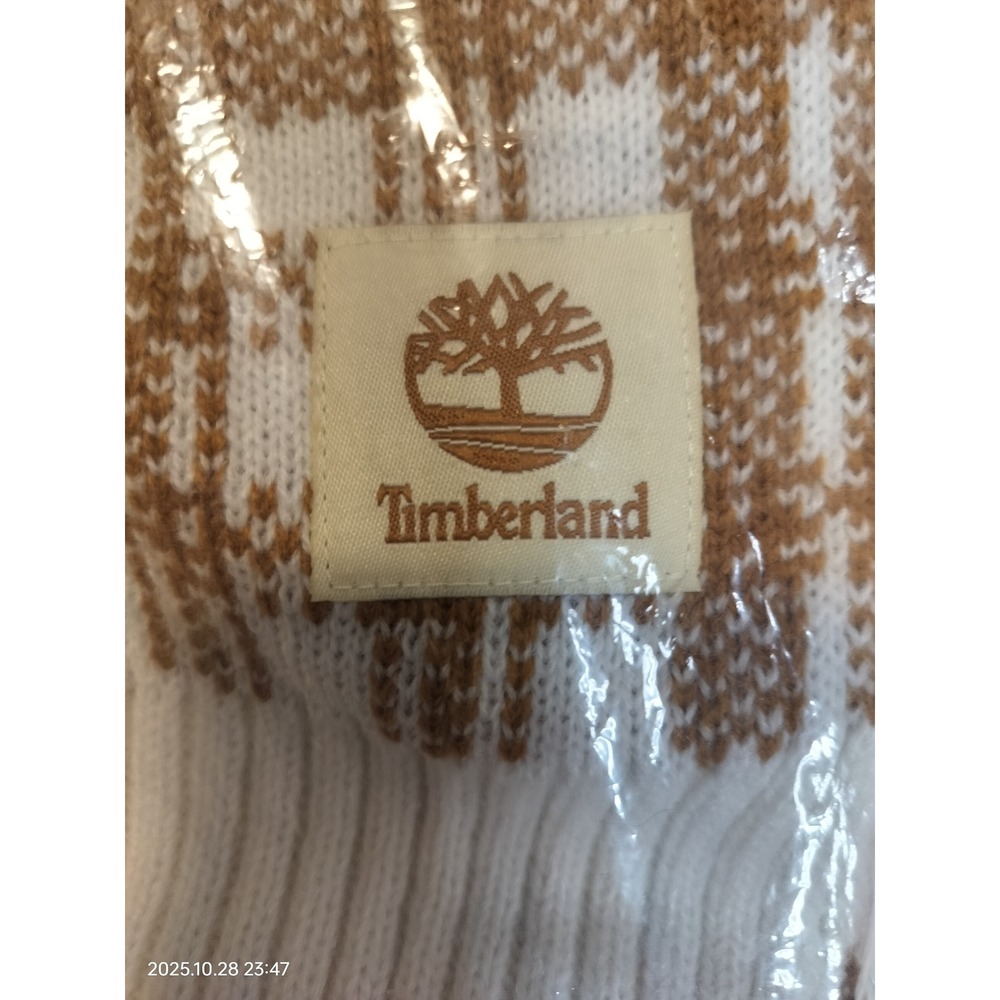 Timberland Plaid Knit Scarf Brown White Cozy Warm Winter Accessory NWT - Picture 2 of 3